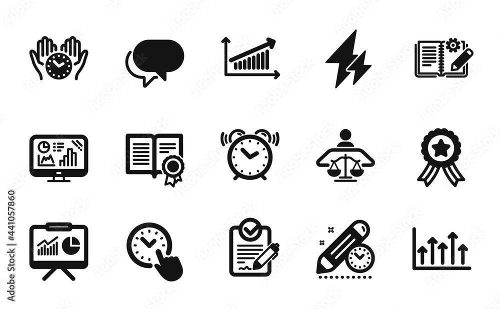 Poster Vector set of Growth chart, Presentation and Talk bubble icons simple set. Rfp, Analytics graph and Alarm clock icons. Safe time, Court judge and Chart signs. Growth chart simple web symbol. Vector