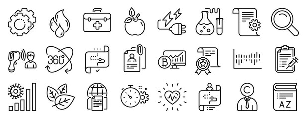 Set of Science icons, such as Technical documentation, Organic tested, Vaccine report icons. Electronic thermometer, Search, Internet documents signs. Interview documents, Flammable fuel. Vector