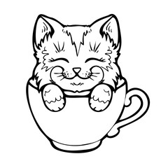 cat in the cup outline vector cartoon illustration. image of coloring books, posters, stickers
