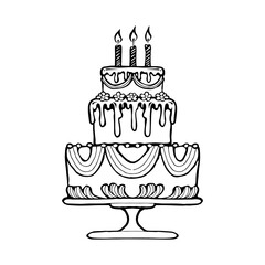 Hand drawn vector celebration cake outline cartoon illustration 
