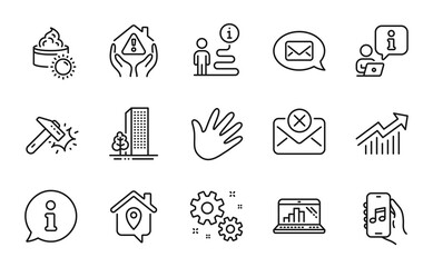 Business icons set. Included icon as Hammer blow, House protection, Work home signs. Messenger, Hand, Work symbols. Music app, Demand curve, Buildings. Sun cream, Reject mail, Graph laptop. Vector