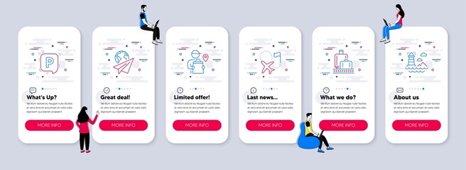 Vector Set of Transportation icons related to Parking, Destination flag and Paper plane icons. UI phone app screens with teamwork. Baggage reclaim, Delivery man and Lighthouse line symbols. Vector