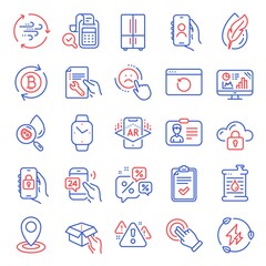 Technology icons set. Included icon as Cloud protection, User call, Hypoallergenic tested signs. Wind energy, Identification card, Bill accounting symbols. Checklist, Green electricity. Vector