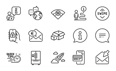 Technology icons set. Included icon as Euro money, Swipe up, Startup rocket signs. World communication, Open mail, Refrigerator symbols. 5g wifi, Quick tips, Online shopping. Locked app. Vector