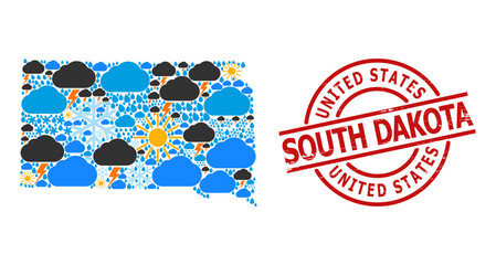 Obraz premium Weather collage map of South Dakota State, and textured red round stamp seal. Geographic vector mosaic map of South Dakota State is combined with randomized rain, cloud, sun, thunderstorm symbols.