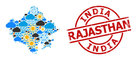 Weather mosaic map of Rajasthan State, and distress red round stamp. Geographic vector mosaic map of Rajasthan State is organized with randomized rain, cloud, sun, thunderstorm.