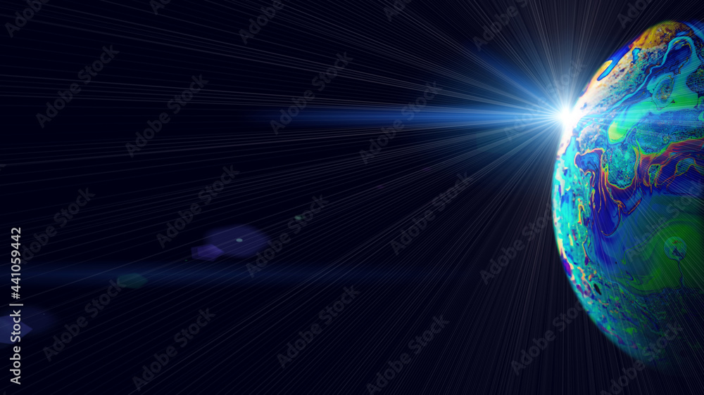 Sticker planet night. abstract galaxy background with globe earth in universe space with sunlight on dark ba