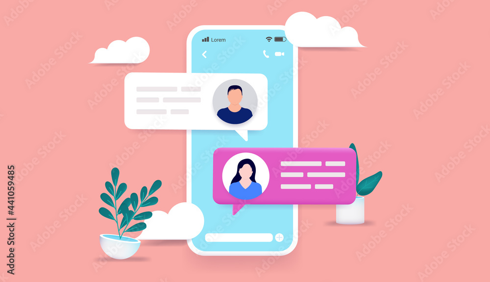 Poster text chat between man and woman on mobile phone - smartphone with text messages popping out, showing