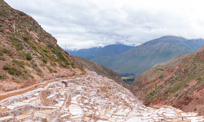 View of the natural salt pools in Las Salineras de Maras in the Sacred Valley of Cusco