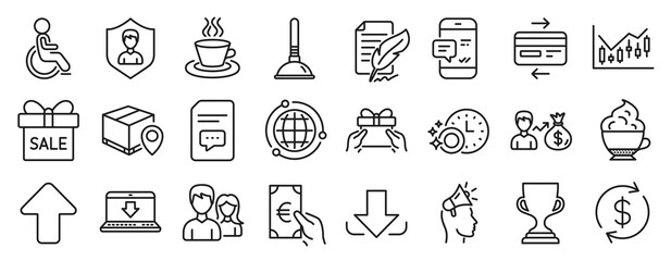 Set of line icons, such as Sale offer, Plunger, Tea cup icons. Credit card, Financial diagram, Give present signs. Dishwasher timer, Globe, Finance. Smartphone notification, Sallary. Vector