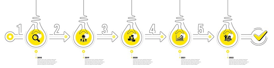 Business Infographic timeline with 5 steps. Workflow process diagram with Research, Working idea, Teamwork and Money reward icons. Timeline infograph diagram. Vector