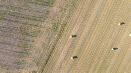 Ipsheim, Germany / Bavaria - August 18, 2020: Dried straw hay barrel rolls for animal feed lay in a freshly cut field with tractor tracks and textures. View from above. Background. © Thomas