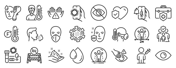 Set of Medical icons, such as Medical insurance, Family insurance, Covid test icons. Sick man, Eye, Medical mask signs. Not looking, Coronavirus, Vaccine announcement. People vaccination. Vector