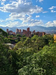 Fototapeta na wymiar Medellin, Antioquia, Colombia. February 25, 2021: Panoramic urban landscape with buildings and trees.
