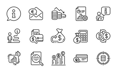Finance icons set. Included icon as Money loss, Statistics timer, Calculator target signs. Payment method, Euro money, Analytics chart symbols. Graph chart, Report, Accounting report. Vector