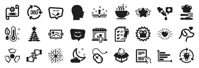 Set of Business icons, such as Click hands, Market seller, Cogwheel blueprint icons. Night weather, Smile face, Survey checklist signs. Head, 360 degree, Surprise gift. Christmas tree. Vector