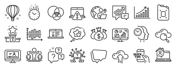 Fototapeta na wymiar Set of Education icons, such as Web lectures, Winner, Outsource work icons. Check investment, Winner podium, Education signs. Time, Accounting, Question bubbles. Work home, Euler diagram. Vector