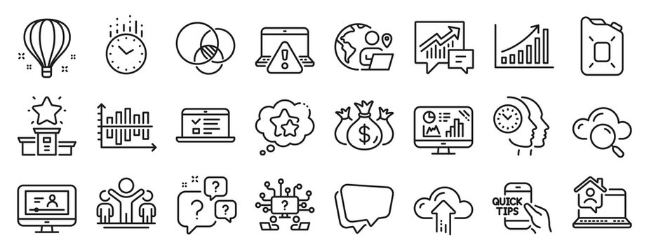 Set of Education icons, such as Web lectures, Winner, Outsource work icons. Check investment, Winner podium, Education signs. Time, Accounting, Question bubbles. Work home, Euler diagram. Vector