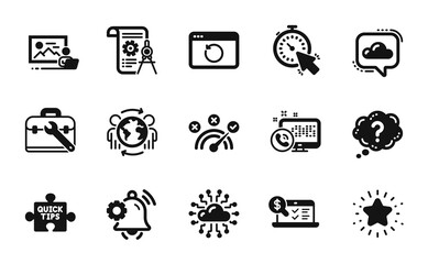 Vector set of Cloud communication, Quick tips and Timer icons simple set. Global business, Notification bell and Cloud network icons. Question mark, Photo studio and Divider document signs. Vector