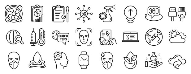 Fototapeta na wymiar Set of Science icons, such as Nasal test, Medical mask, Face detection icons. Quick tips, Water splash, Swipe up signs. Computer fan, Web lectures, Cloud share. Organic product, Report. Vector
