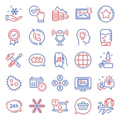 Technology icons set. Included icon as Microphone, Download photo, Globe signs. Online question, Calendar, Bacteria symbols. Innovation, Money loss, Idea head. Hammer tool, Checkbox, Stars. Vector