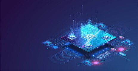 Processor microchip banner in isometric. A futuristic microchip processor with components. High-tech microchip and microprocessor AI.Technology for development of electronic devices on microprocessor