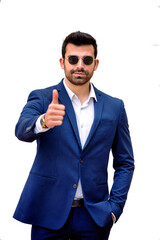 Man in suit with thumbs up in approval with isolated background