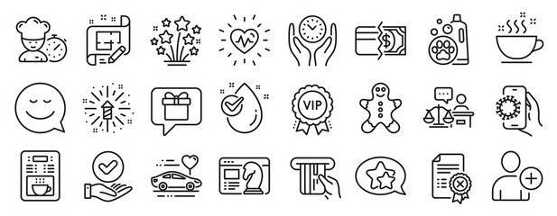 Fototapeta na wymiar Set of Business icons, such as Payment methods, Coffee maker, Add user icons. Coffee cup, Smile, Fireworks explosion signs. Honeymoon travel, Vip award, Credit card. Pet shampoo, Heartbeat. Vector