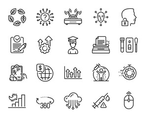 Vector set of Covid test, Organic tested and Cloud storage line icons set. Seo timer, Rfp and Swipe up icons. Upper arrows, Unlock system and Student signs. Covid test web symbol. Vector