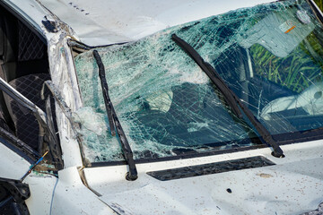 car after crash, road accident, broken windshield, damage, danger on the road  