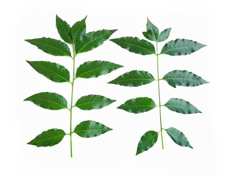 Fresh organic green herbal neem or azadirachta indica leaves on branch isolated on white background. Concept : useful herbal vegetable plant. Thai farmers use neem leaves to be natural pesticide