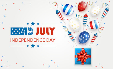 Independence Day White Background with Fireworks and Balloons