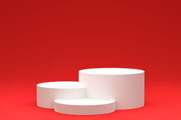 White minimal podium or pedestal display on abstract red background for cosmetic product presentation
