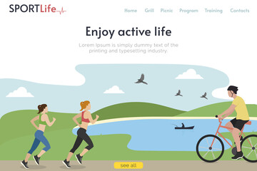 Site header. Active weekend. Two girls are jogging. The man is riding a bicycle. Vector.