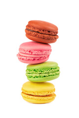 Fresh macaroons isolated on white background. Sweet and colourful french macaron.