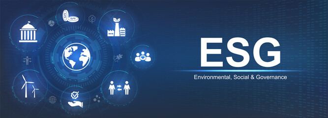 Banner ESG - Environmental, Social and Corporate Governance. Info banner calling to remember the involvement of this company in solving environmental, social and management problems with icons. Vector