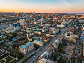 Fototapeta premium Evening spring Volgograd cityscape at sunset, aerial view