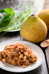 Thai food (Tum Kraton), Spicy santol salad with dry shrimp and peanut eating with fresh vegetables, Local Thai food