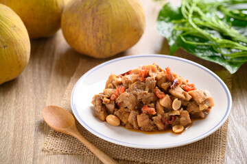 Thai food (Tum Kraton), Spicy santol salad with dry shrimp and peanut eating with fresh vegetables, Local Thai food