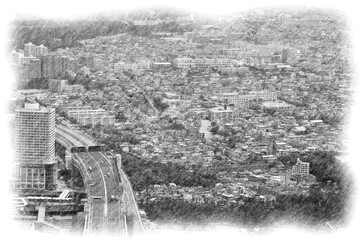 Scenery of Maiko, Hyogo seen from 300m above sea level., Pencil sketch