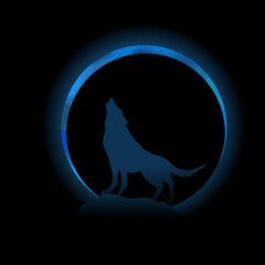 Wolf howling at the moon on a black background. shining moon . T-shirt printing. Vector illustration