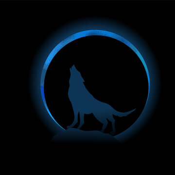 Wolf howling at the moon on a black background. shining moon . T-shirt printing. Vector illustration