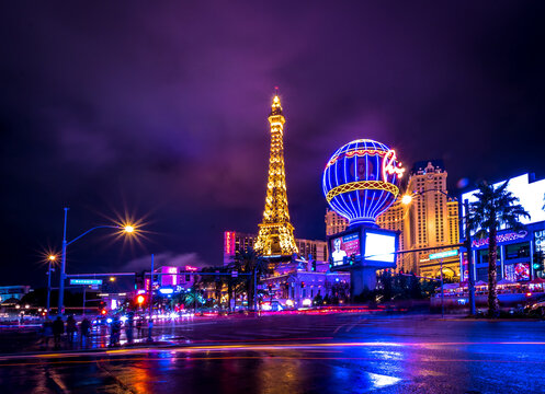 Las Vegas Strip and Paris Hotel Casino at night - Las Vegas, Nevada, USA