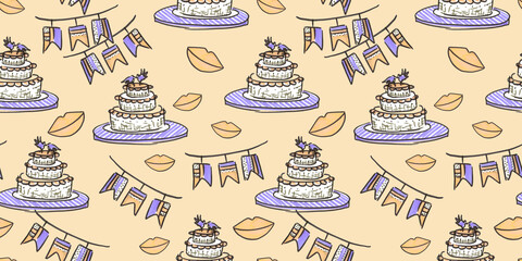 Seamless pattern for Wedding celebration in line art style on beige background. Yellow and purple doodle drawn with felt pen. Multicolor cartoon cake, lips and checkbox of illustrations for