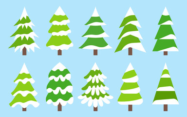 Christmas green trees set vector flat with snow. Stickers and labels. Room decoration, tableware decoration, childrens toys. Consisting of 3 parts. Holiday design elements. Wrapping paper for gifts.