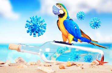 Message in a bottle with corona virus and parrot on vacation