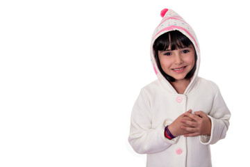 girl in white coat on white background