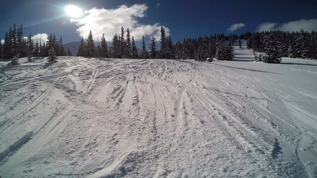 POV snowboarding at Whistler Blackcomb, skier sprays snow with skis as she brakes and smiles