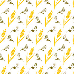 Fototapeta na wymiar Pattern with meadow grass and yellow ears. Vector illustration isolated on white background. For the use of fabrics, packaging, cards and invitations, covers, banners and flyers, prints, promotions.