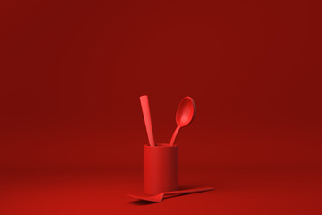 Red Kitchen utensils and baking ingredients floating in Red background. minimal concept idea creative. monochrome. 3D render.